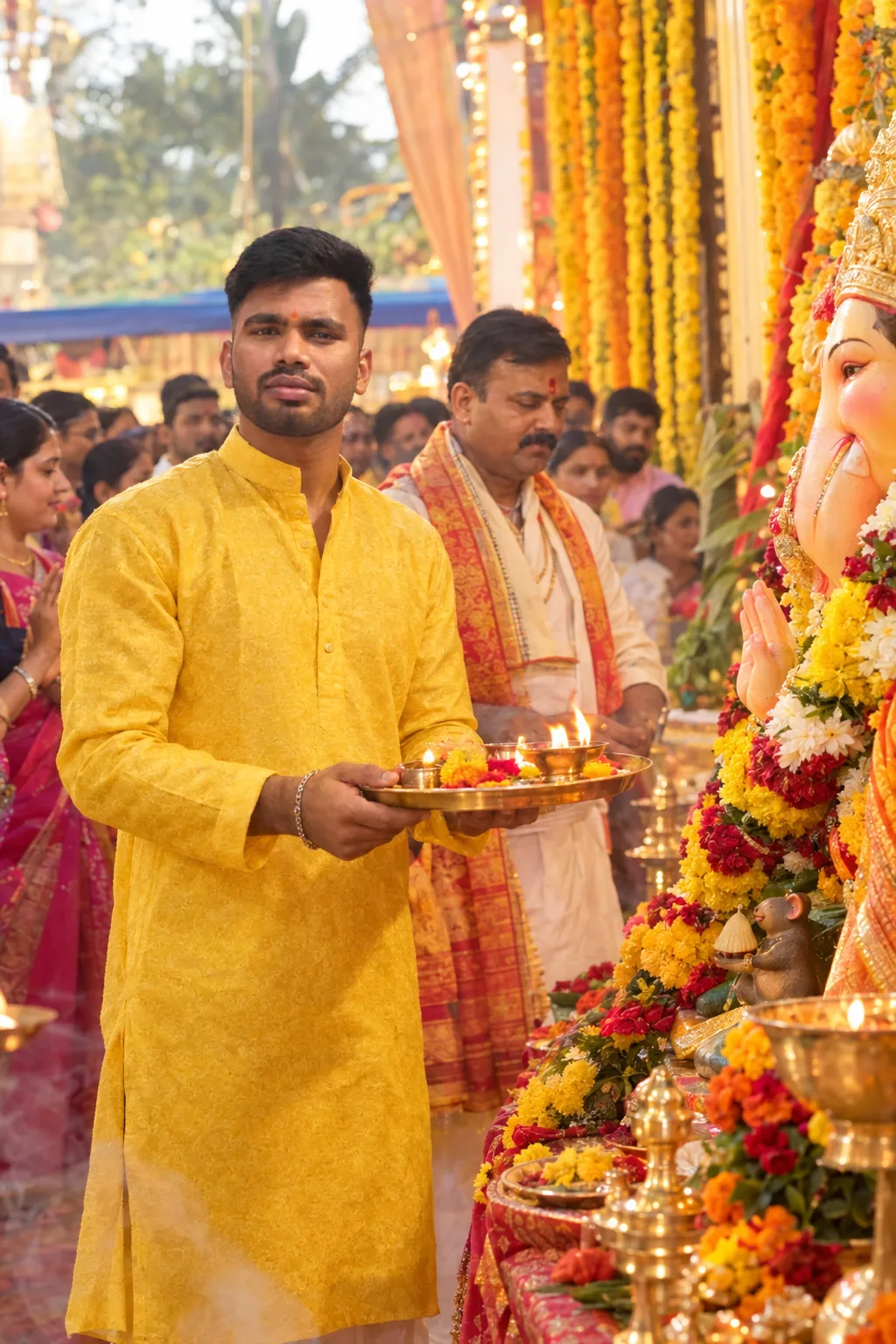 Create an ultra-realistic, professional 4K cinematic photograph of me performing a beautiful Ganesh Chaturthi puja.