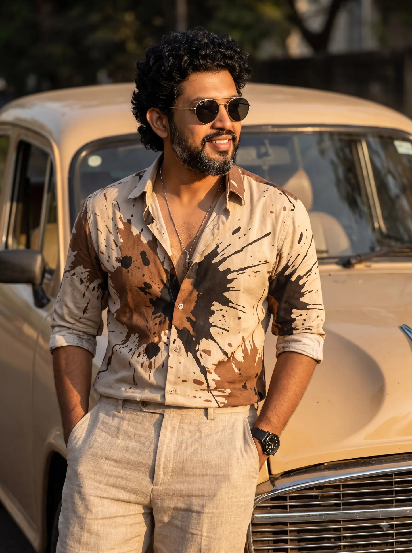 Cinematic golden hour portrait of a stylish South Indian man leaning on a vintage beige classic car.
