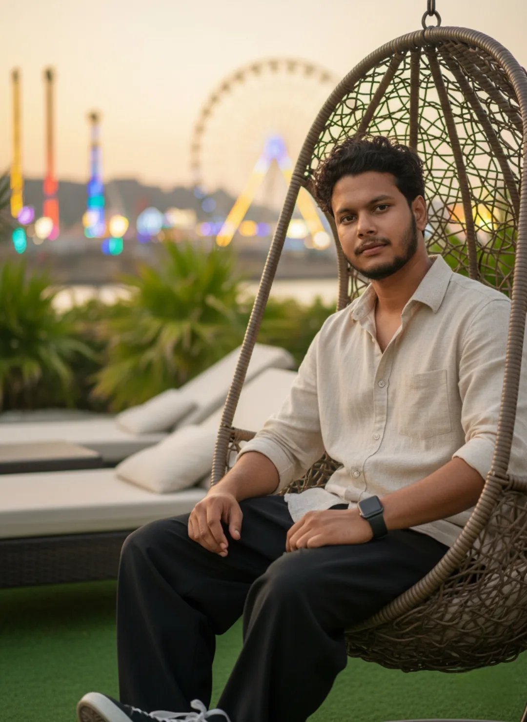 A young South Asian man with curly dark hair, short beard, and mustache sits relaxed in a brown woven rattan hanging egg chair swing,