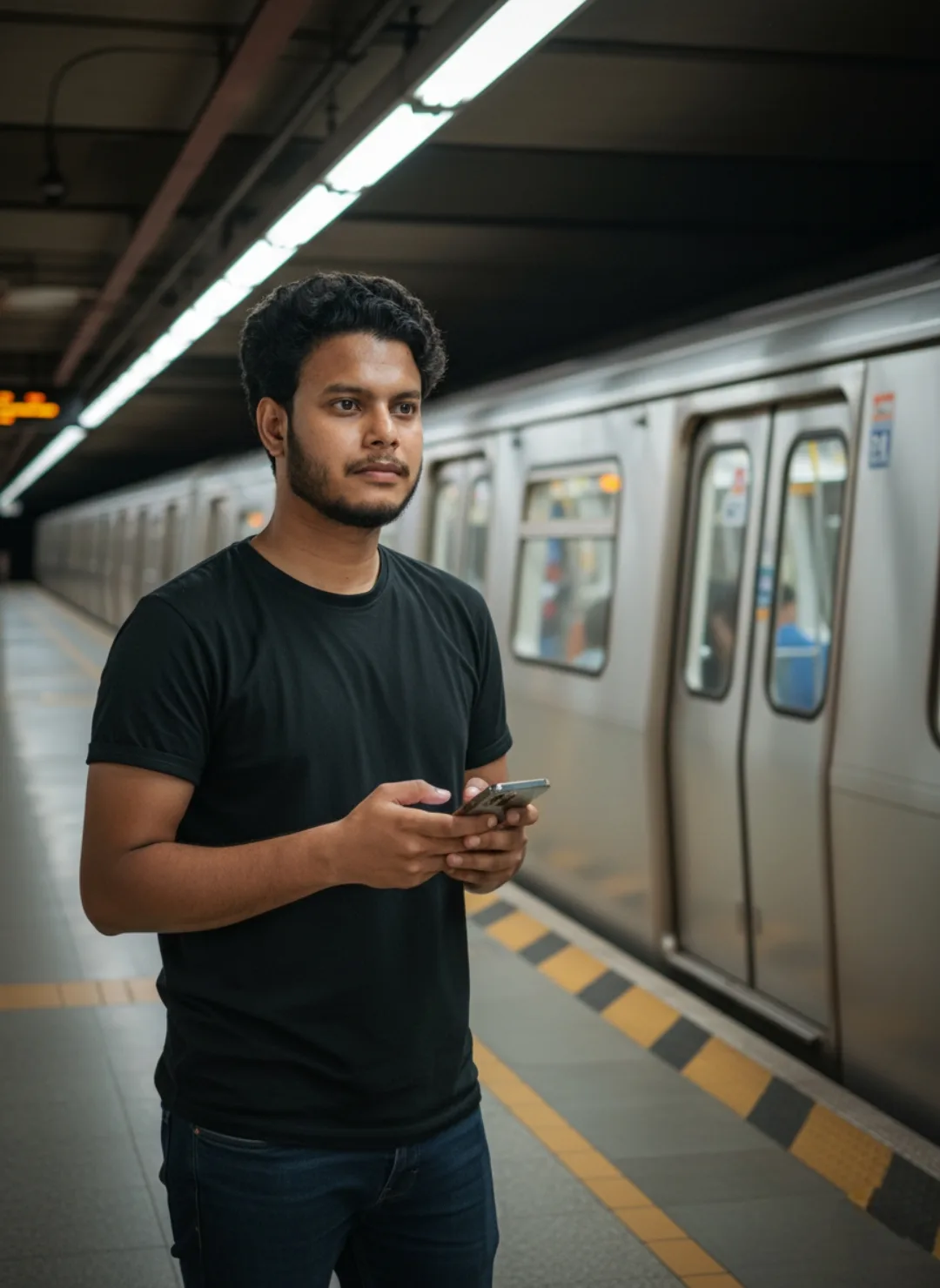 A young South Asian man with short dark curly hair and a neatly trimmed beard stands on a modern subway platform, wearing a plain black