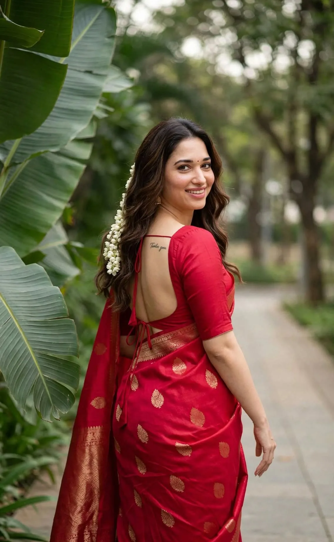 Photorealistic portrait of a beautiful Indian woman in a red silk saree with golden zari motifs, red backless blouse with tie-up strings,