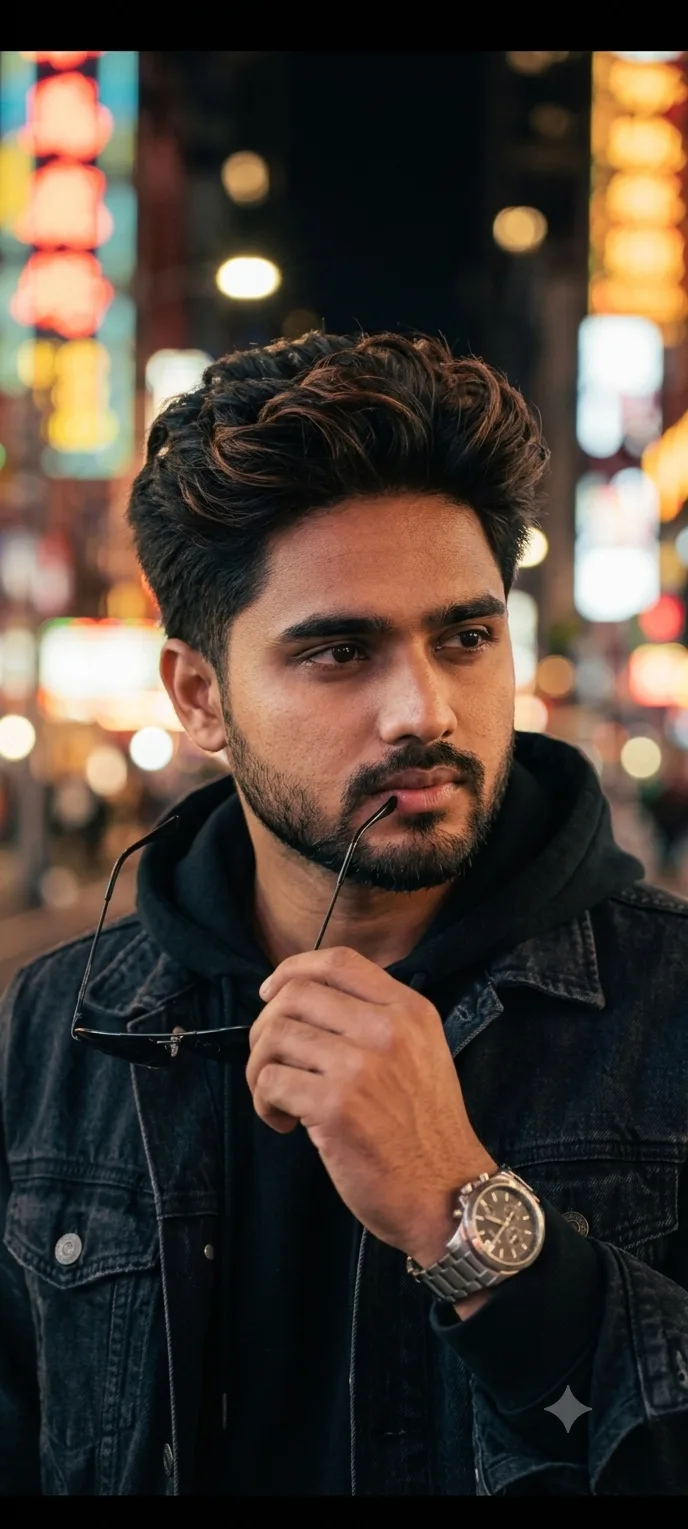 A photorealistic, cinematic medium close-up portrait of a 26-year-old South Asian man with a height of 5 feet 5 inches, featuring exact