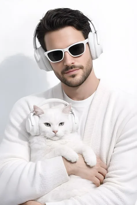A high-quality, minimalist studio portrait of a handsome young man with styled dark hair and a neat stubble beard, wearing stylish