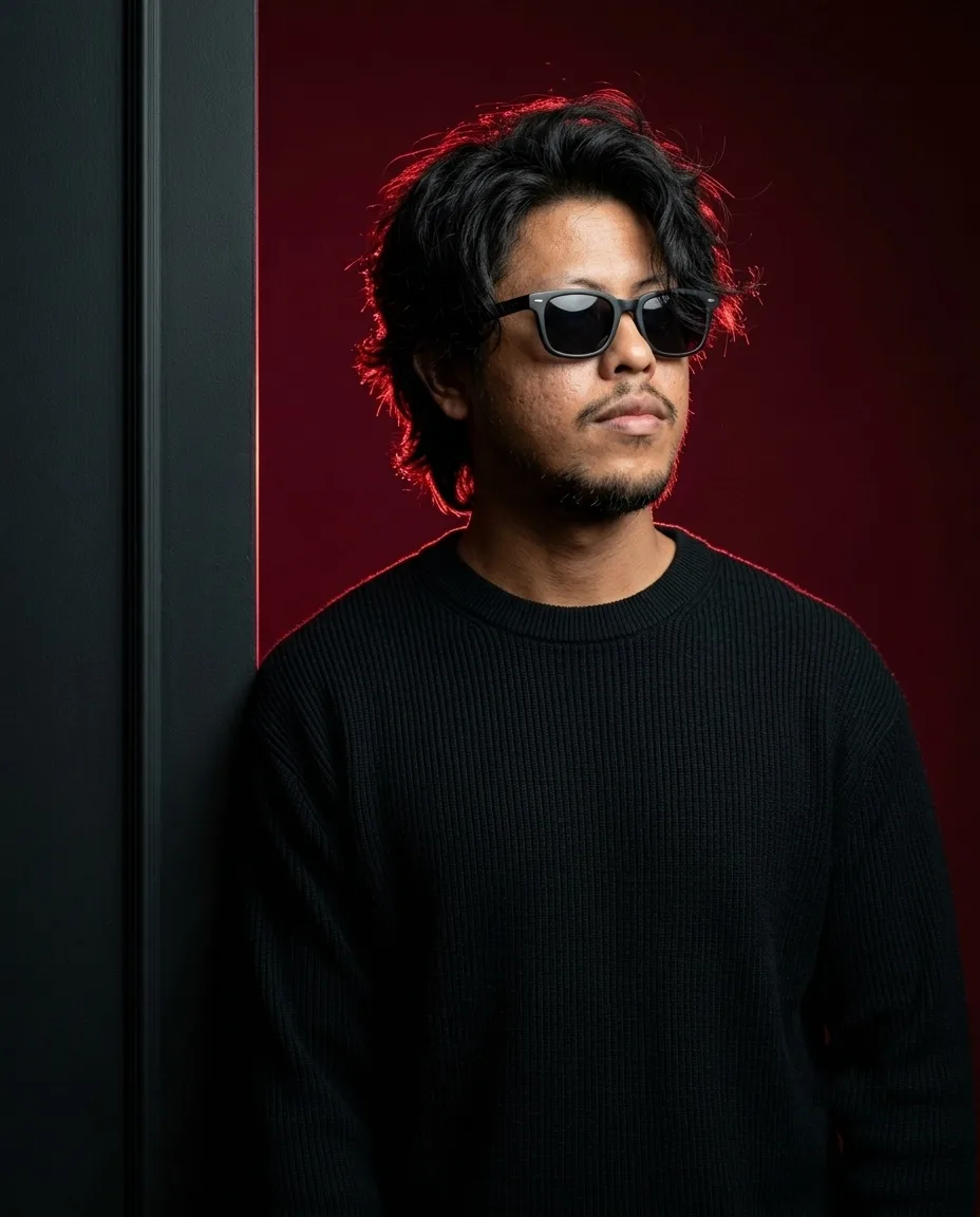 Create an ultra-realistic cinematic high-fashion studio portrait of a stylish South Indian man in his late thirties, wearing black