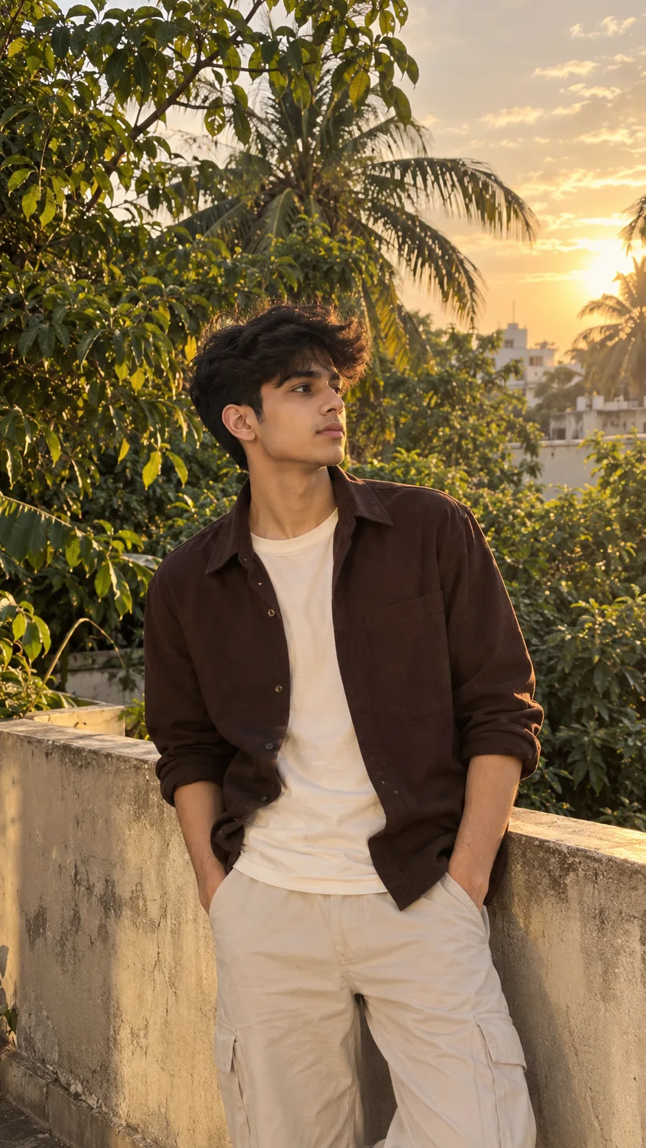 Create an original ultra-realistic vertical 9:16 lifestyle photograph of uploaded pic person standing casually on a sunlit outdoor terrace
