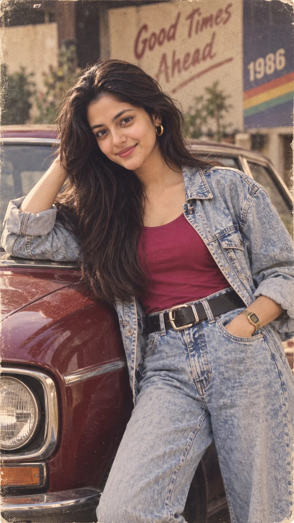 Prompt 👇 A retro 1980s Bollywood-style portrait of a young Indian woman smiling brightly outdoors on a vintage city street.