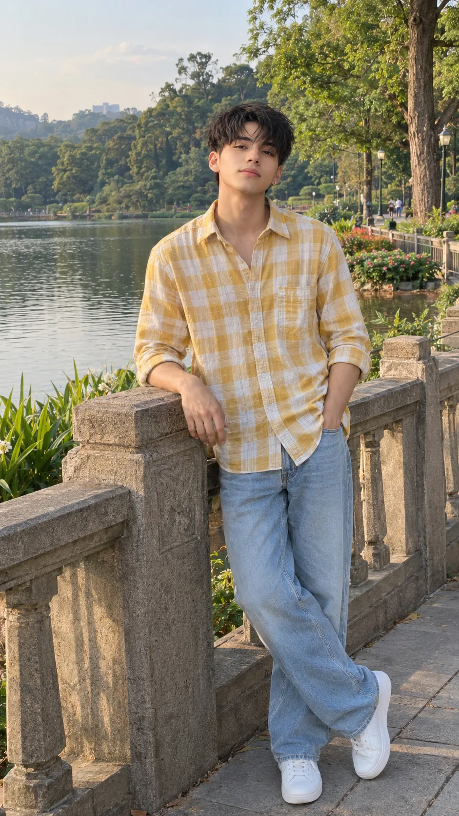 Ultra realistic photograph of a young man standing quietly beside a beautiful lakeside stone railing in a lush botanical park, shot on a