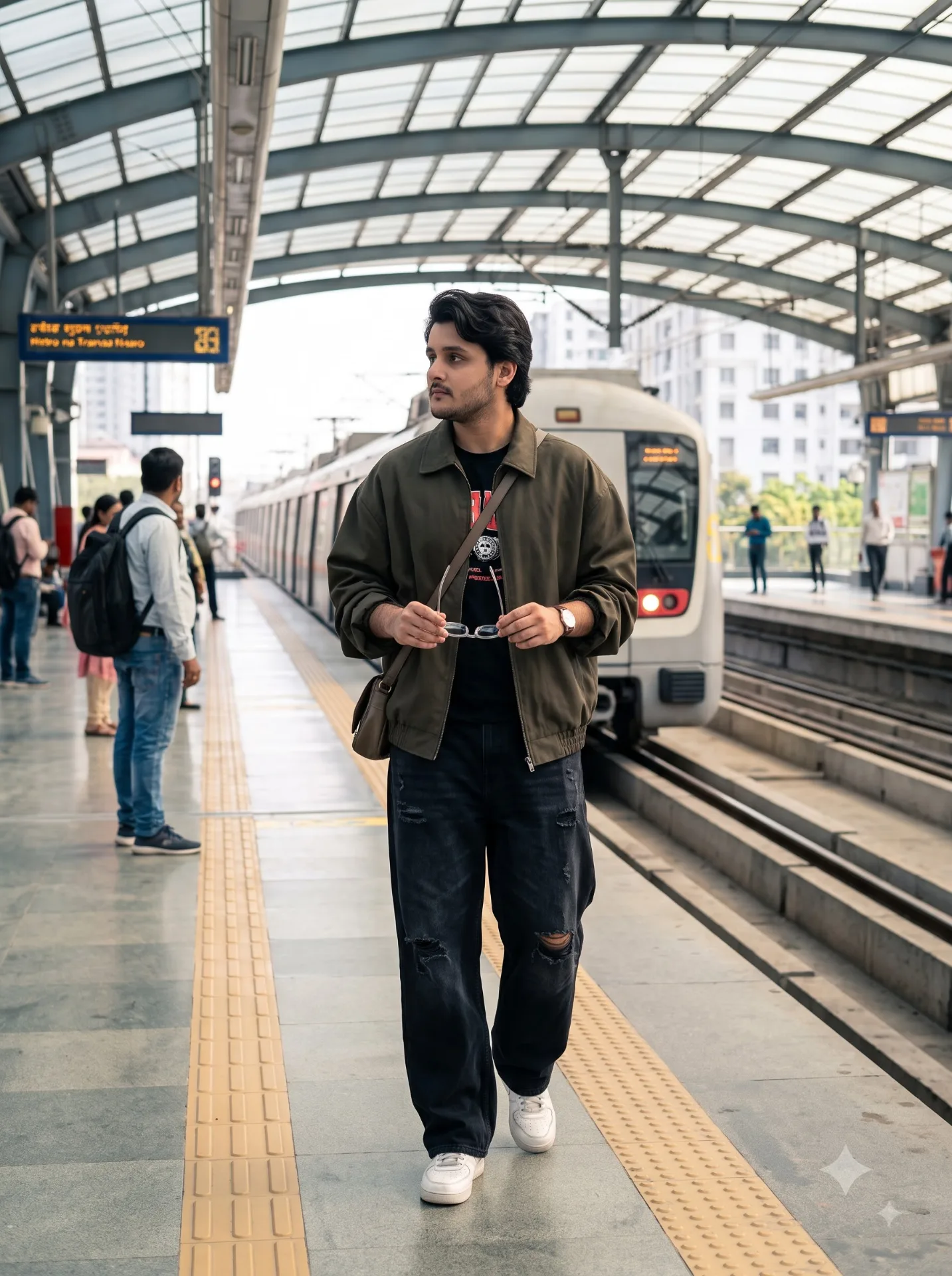 Ultra-realistic cinematic full-body street-style fashion photograph of a young South Asian man standing on a modern metro railway platform,