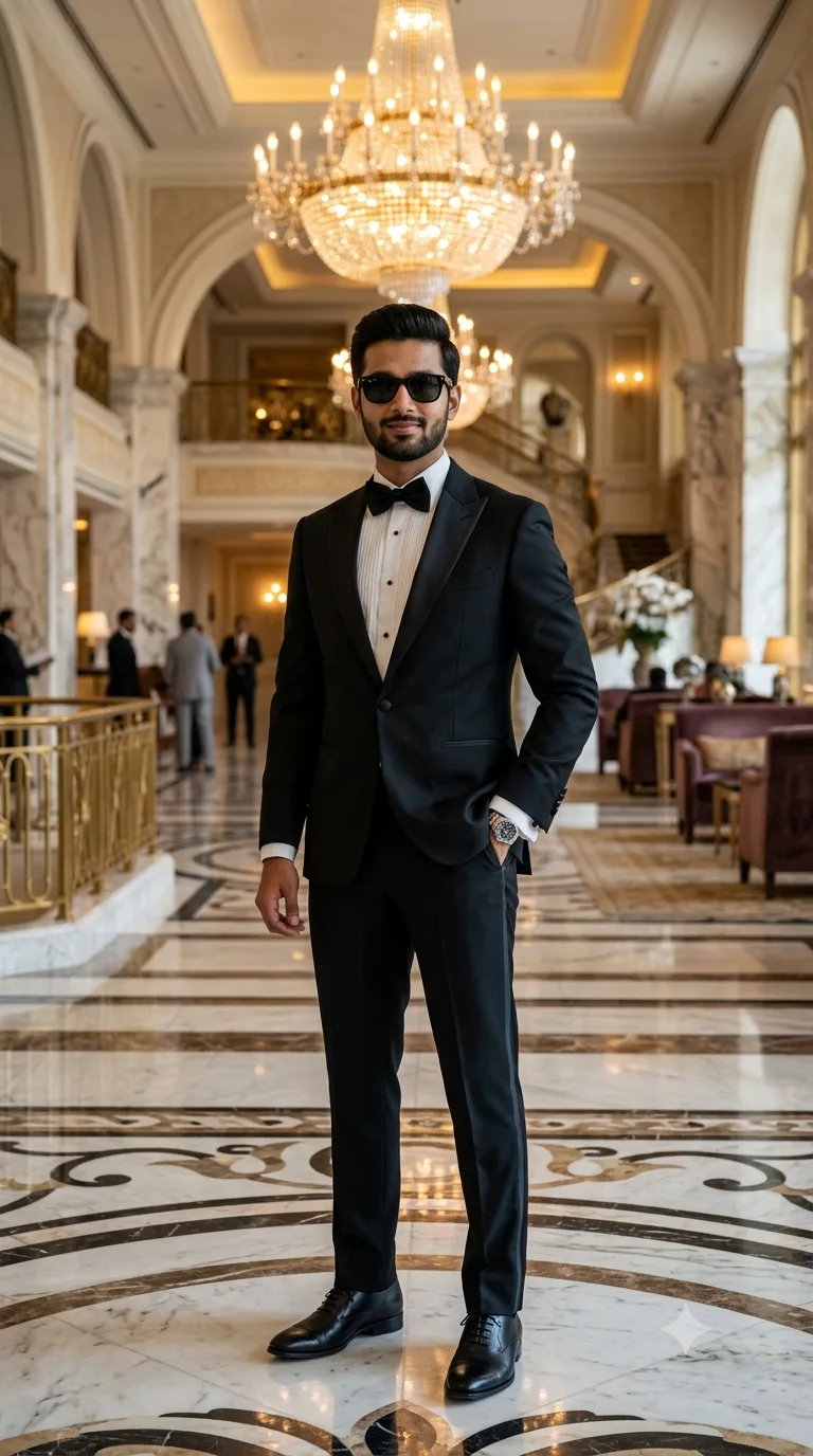 Create an ultra-realistic full-body portrait of a handsome young Indian man wearing a perfectly tailored classic black tuxedo, crisp white
