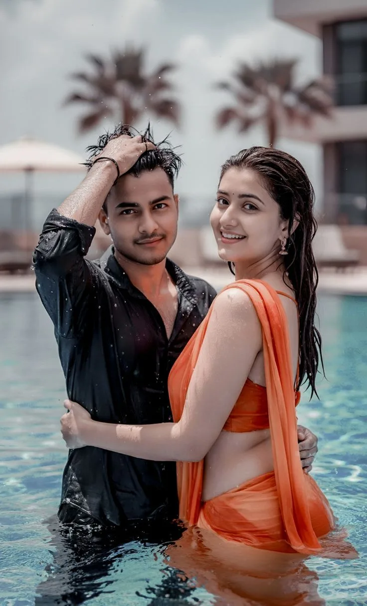 Romantic Candid Portrait of Young Indian Couple in Swimming Pool