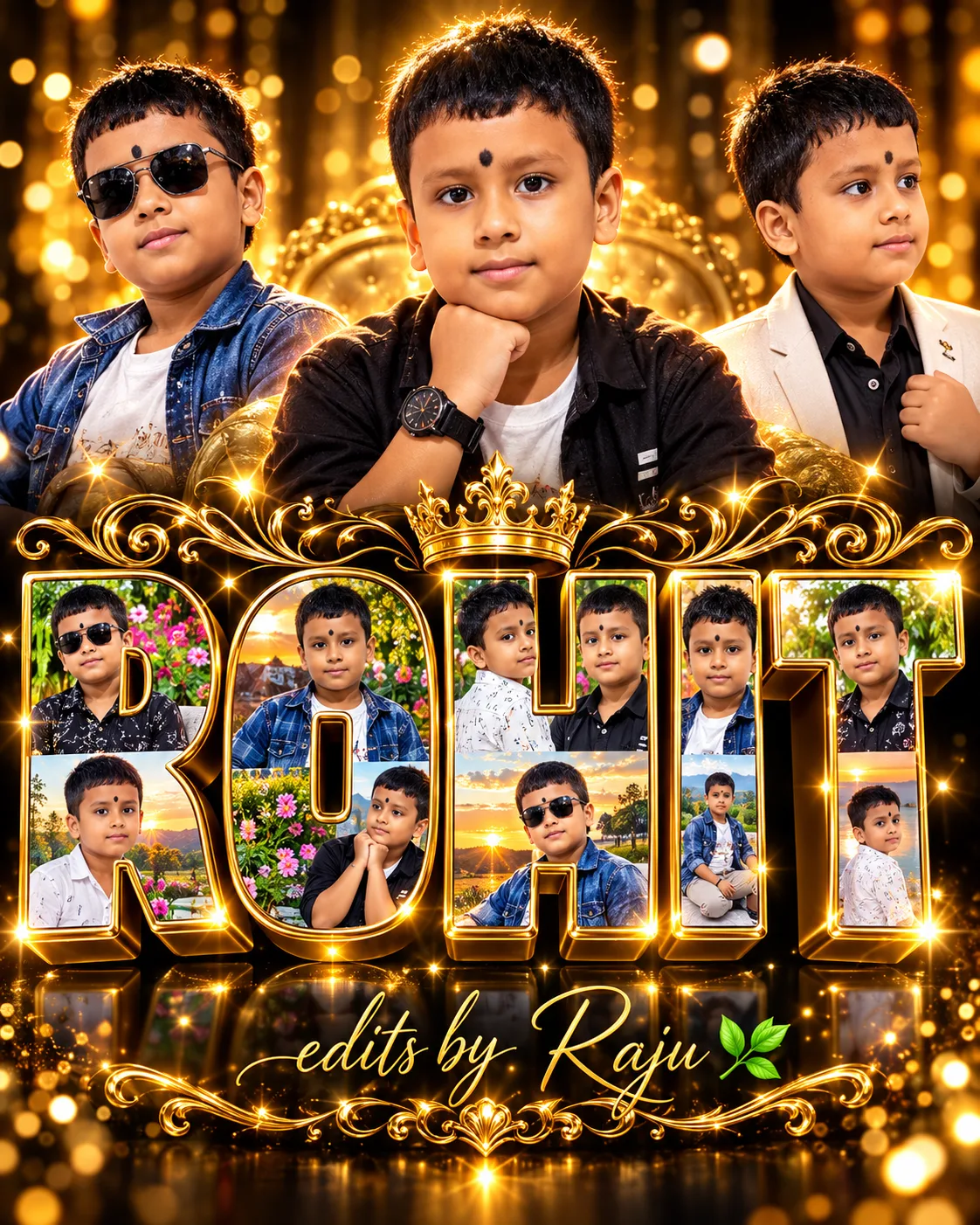 Boys Photo Prompt ✨💜 Create a luxurious, premium, ultra-realistic 4:5 golden 3D photo-collage poster using the provided reference photo of