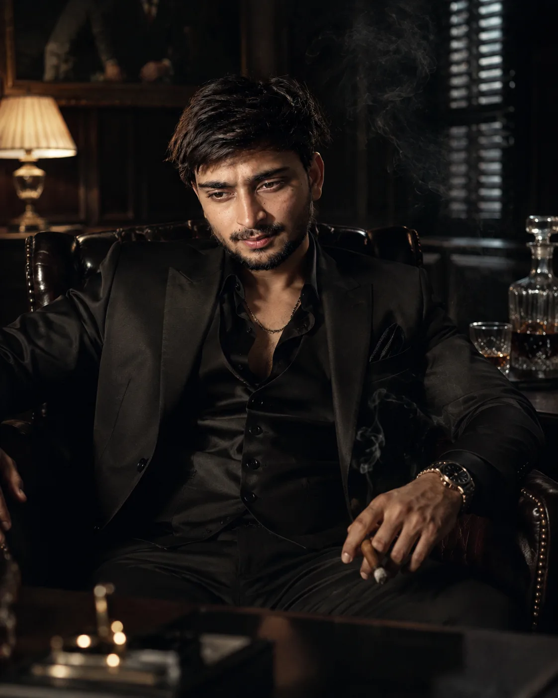 Create a highly cinematic, photorealistic luxury mafia-style portrait using the uploaded image as the identity reference for the main