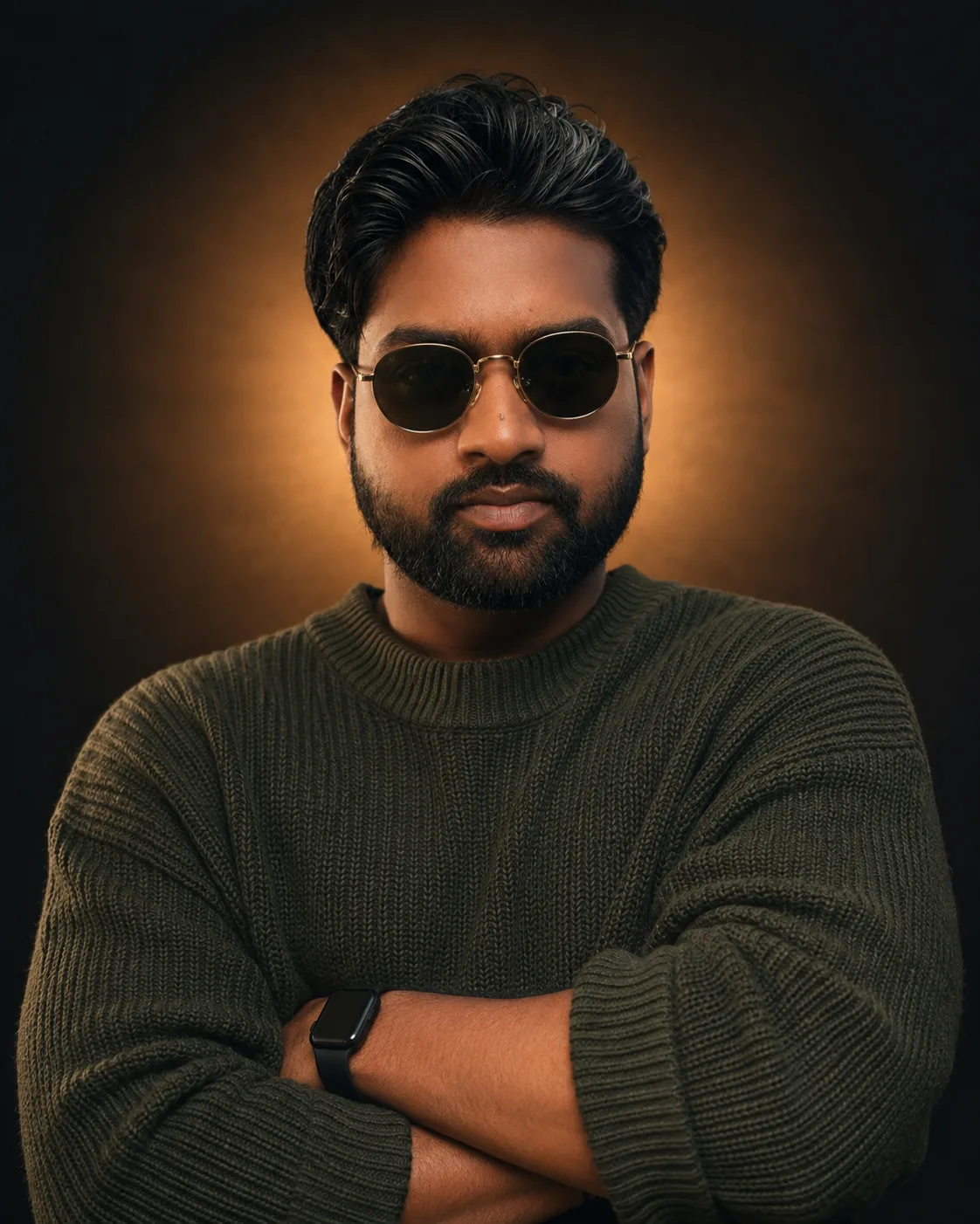 A cinematic studio portrait of a young South Asian man with stylish volumized dark hair and a full beard, wearing round black sunglasses