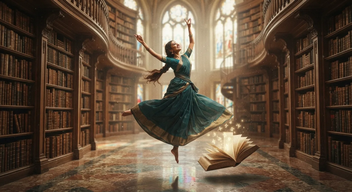 "A cinematic and magical photography shot of a graceful young woman in a traditional teal and gold dress, joyfully leaping mid-air inside a