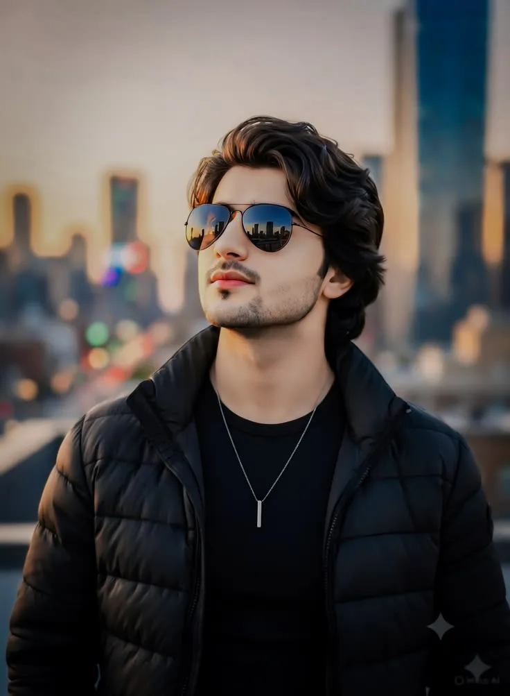 A cinematic medium shot of a handsome young man with thick, voluminous wavy brown hair and light stubble, looking off-camera.
