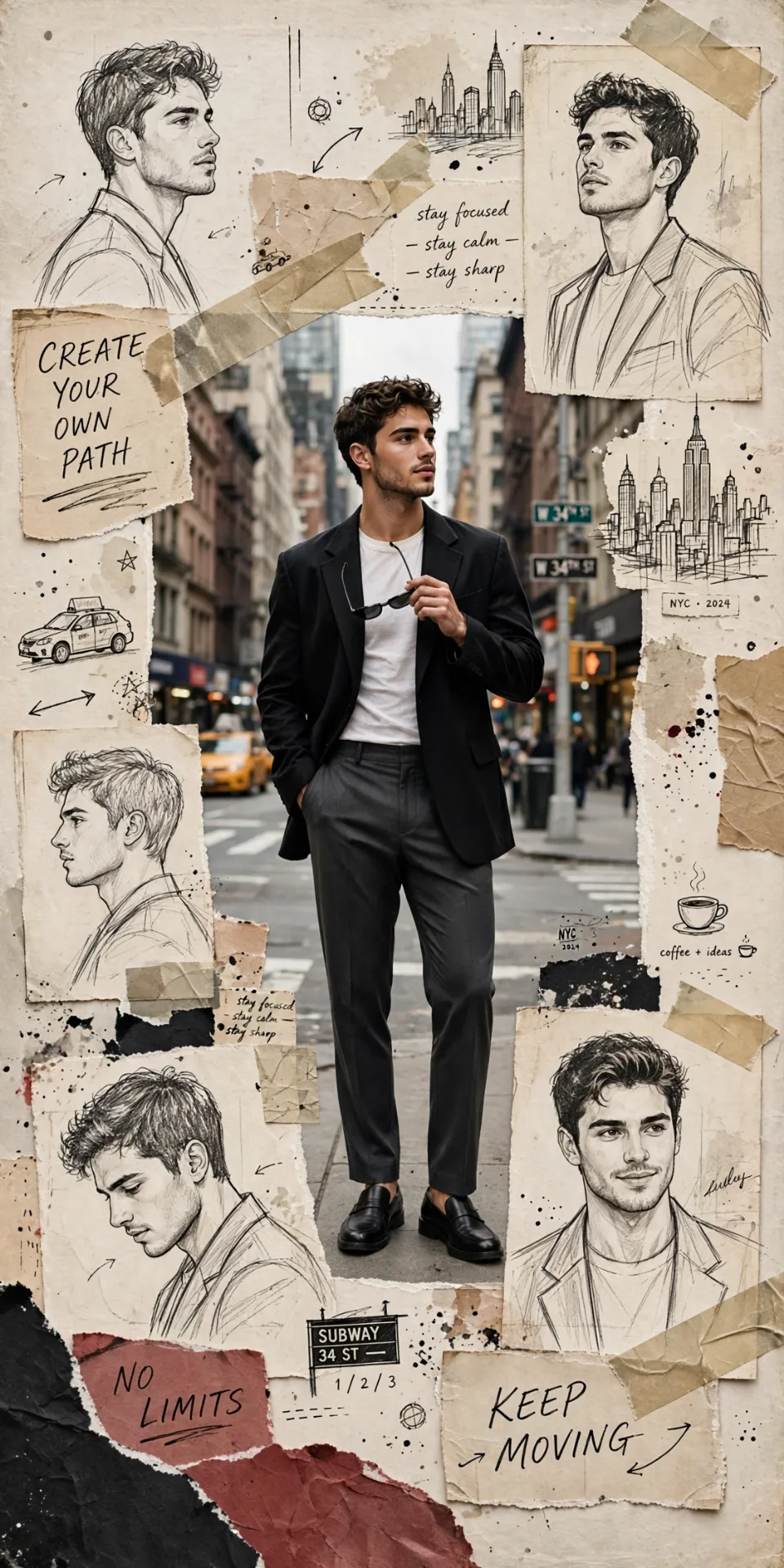 editorial scrapbook collage, realistic central male portrait, hand-drawn pencil sketch versions of the same subject around him, torn