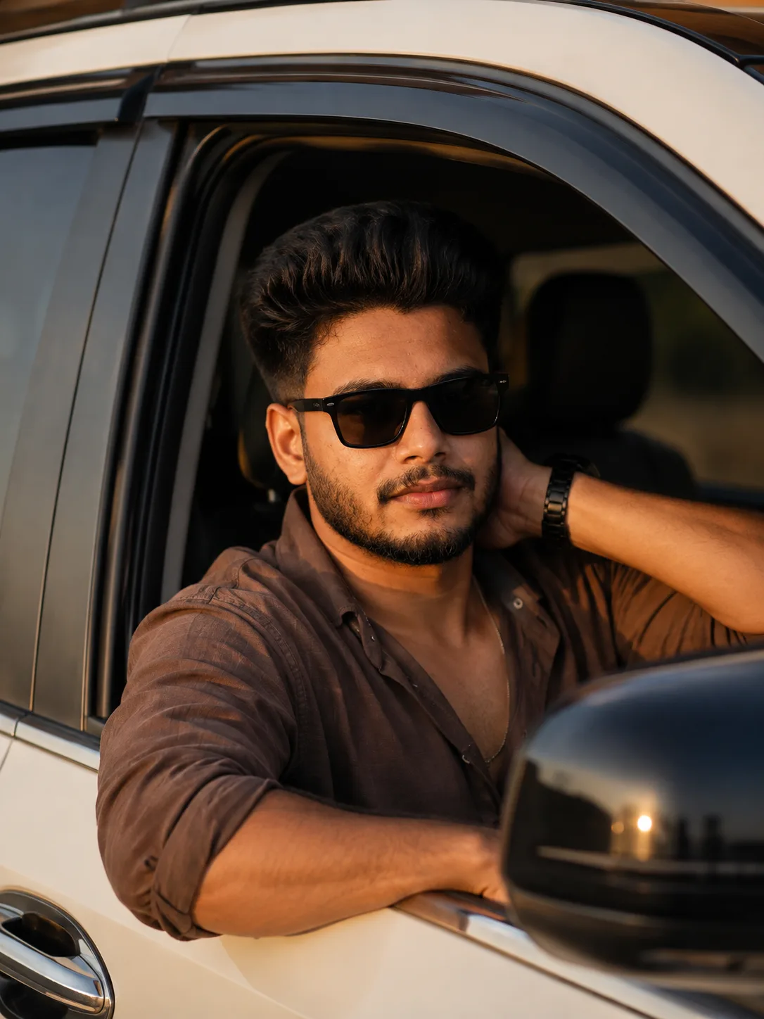 Ultra-realistic cinematic portrait of a young Indian man sitting in the driver's seat of a white SUV, leaning out of the open window.
