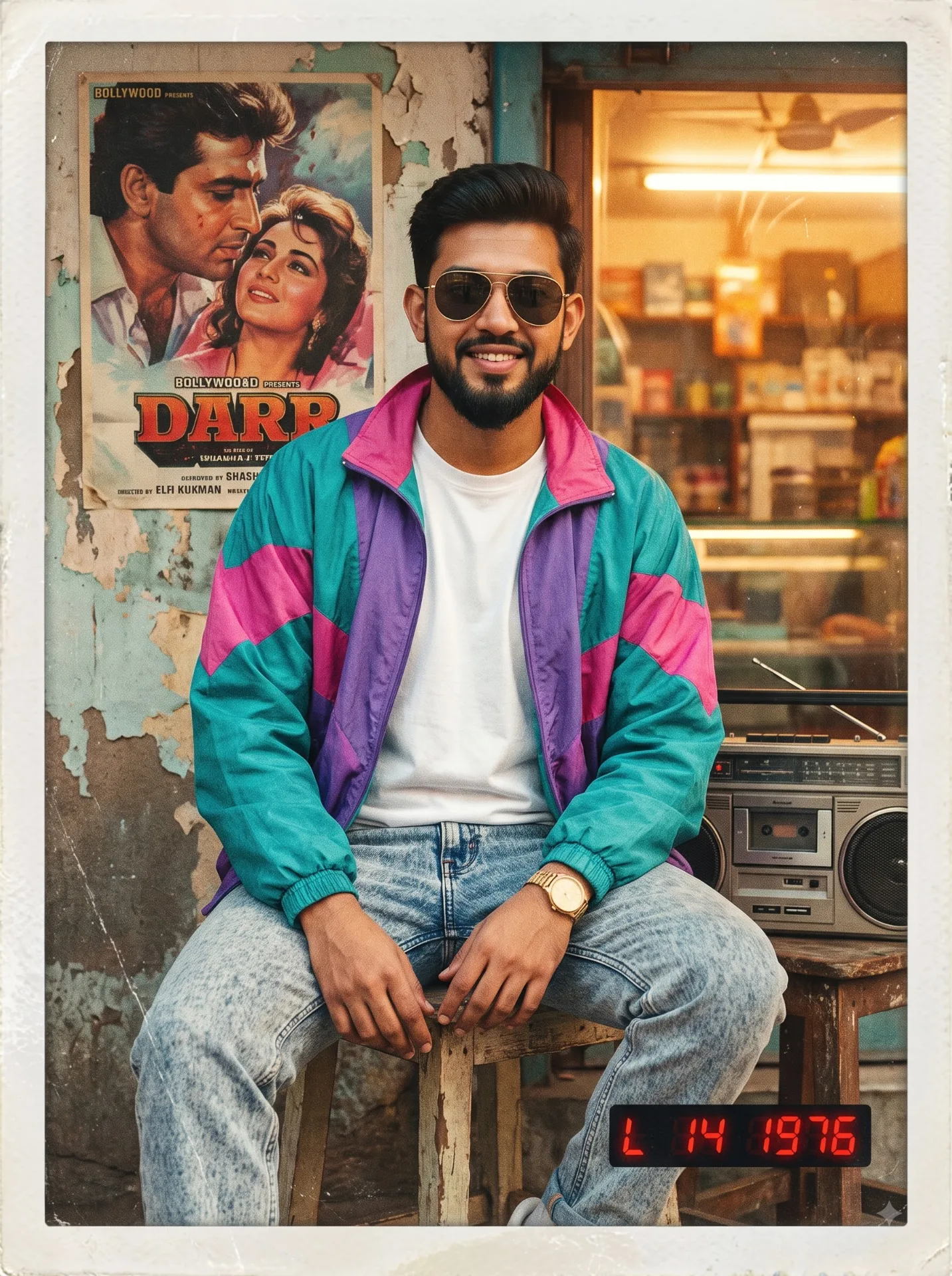Vintage 1986 analog polaroid solo male portrait, BKT male lock, color-block windbreaker jacket (teal/purple/pink panels), plain white
