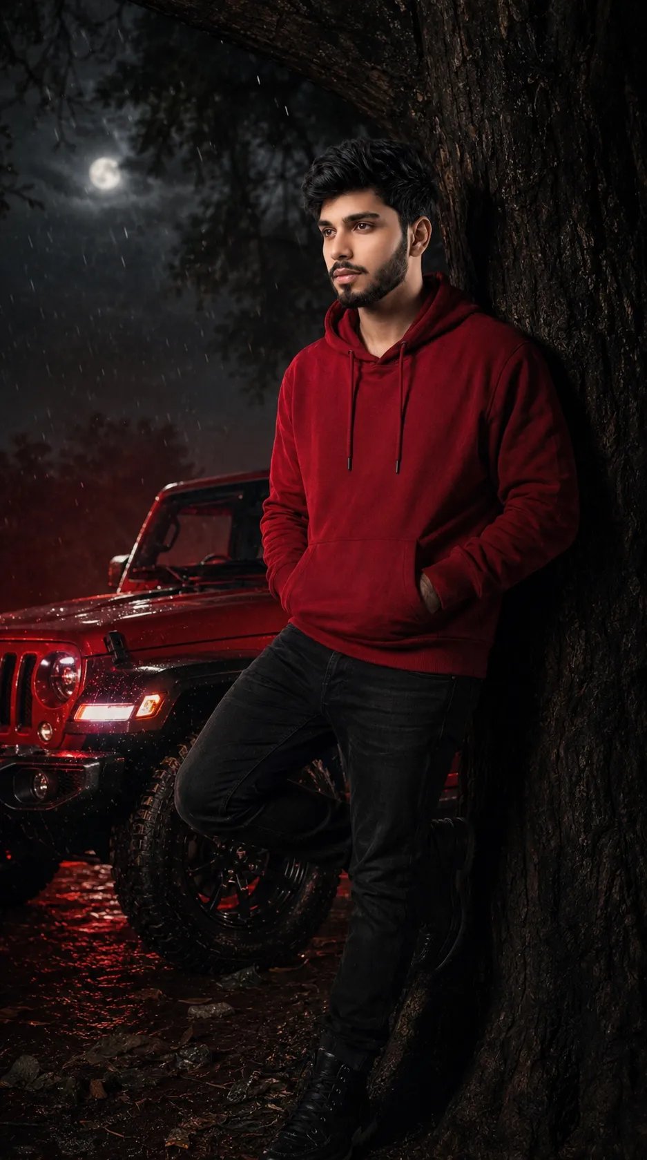 Ultra-realistic cinematic man portrait of me standing beside a massive dark tree at night with a luxury red off-road jeep parked near me,