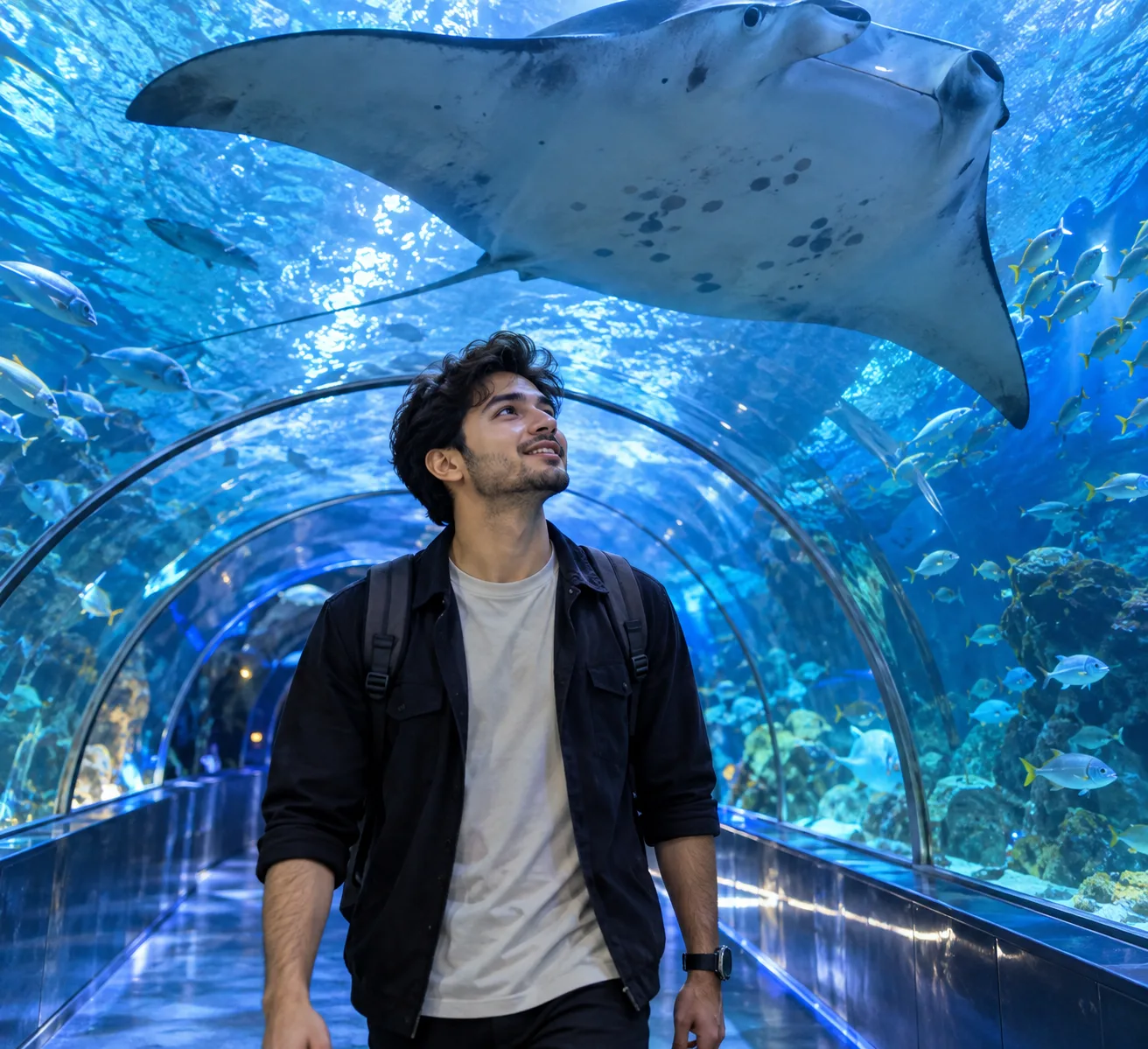 A cool indoor photograph shows the person attached in the uploaded reference image (keep the face 100% accurate) walking through a clear