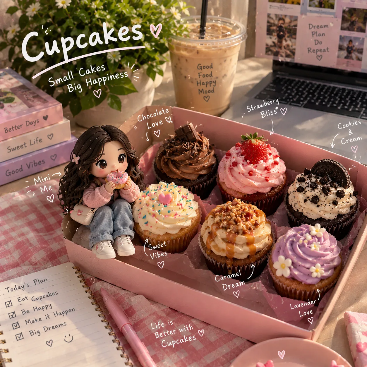 Create a photorealistic UGC-style food photograph featuring an open pastel pink cupcake box filled with six beautifully decorated cupcakes.