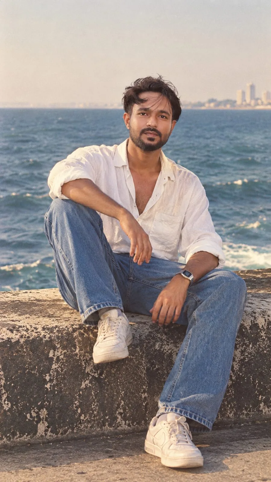 Create a photorealistic lifestyle portrait of a young South Asian man sitting casually on a seaside concrete wall.