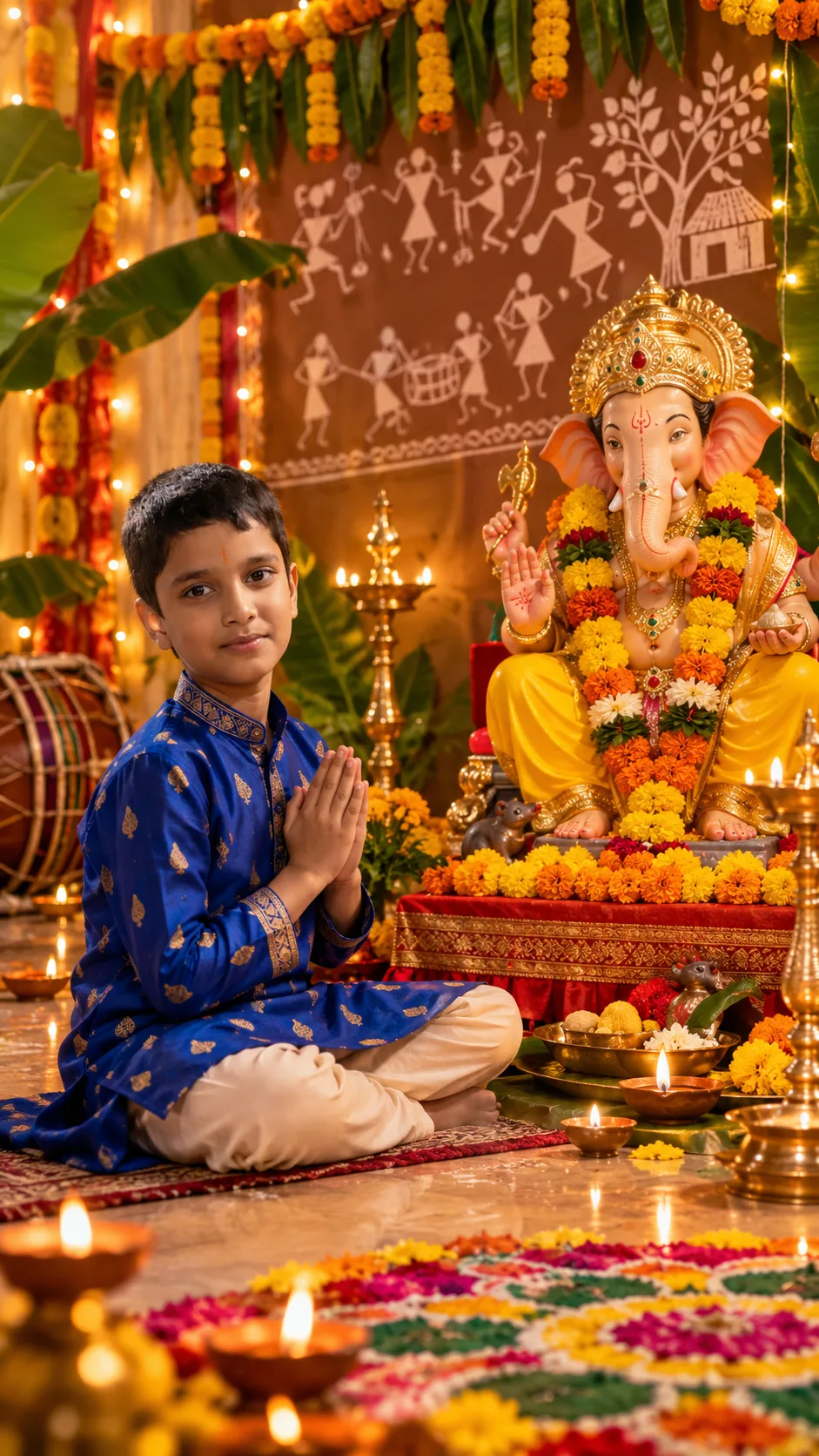 A cute 9-year-old Indian boy in a royal blue kurta with golden print, sitting cross-legged on the floor doing pranam to a beautiful Lord