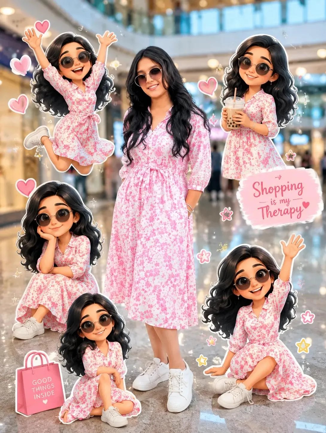 Create a high-resolution cute collage artwork of a young Indian woman standing in a shopping mall.