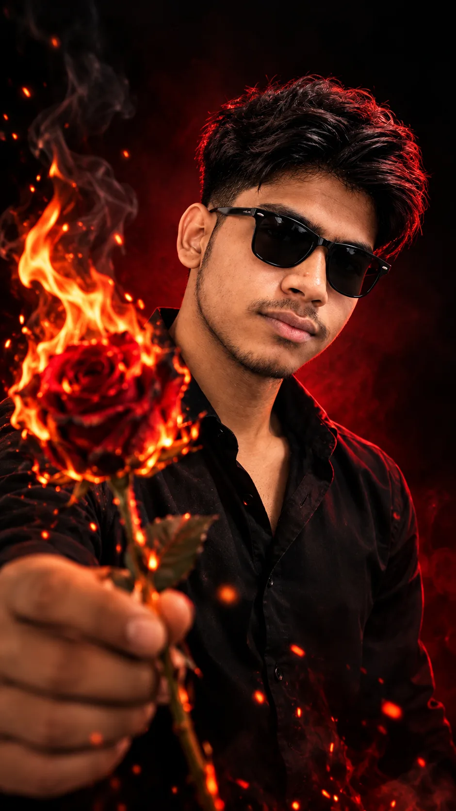 1. PROMPT TITLE Dramatic Dark Fantasy Portrait with Burning Rose Foreground 2. SHORT EXPLANATION OF THE CONCEPT This concept is a