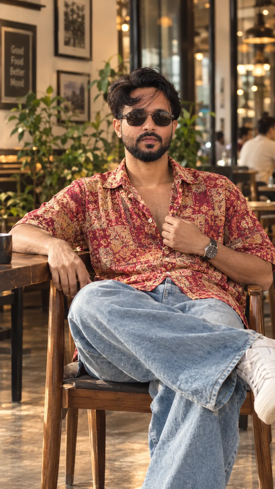 Create an ultra-realistic cinematic luxury café fashion photograph inspired by the uploaded reference image.