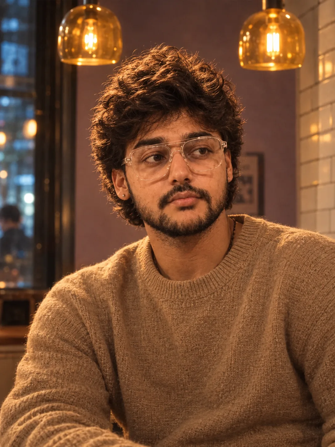 "A moody, cinematic lifestyle portrait of a young man with thick, soft, tousled dark brown wavy hair with warm golden highlights, a full,
