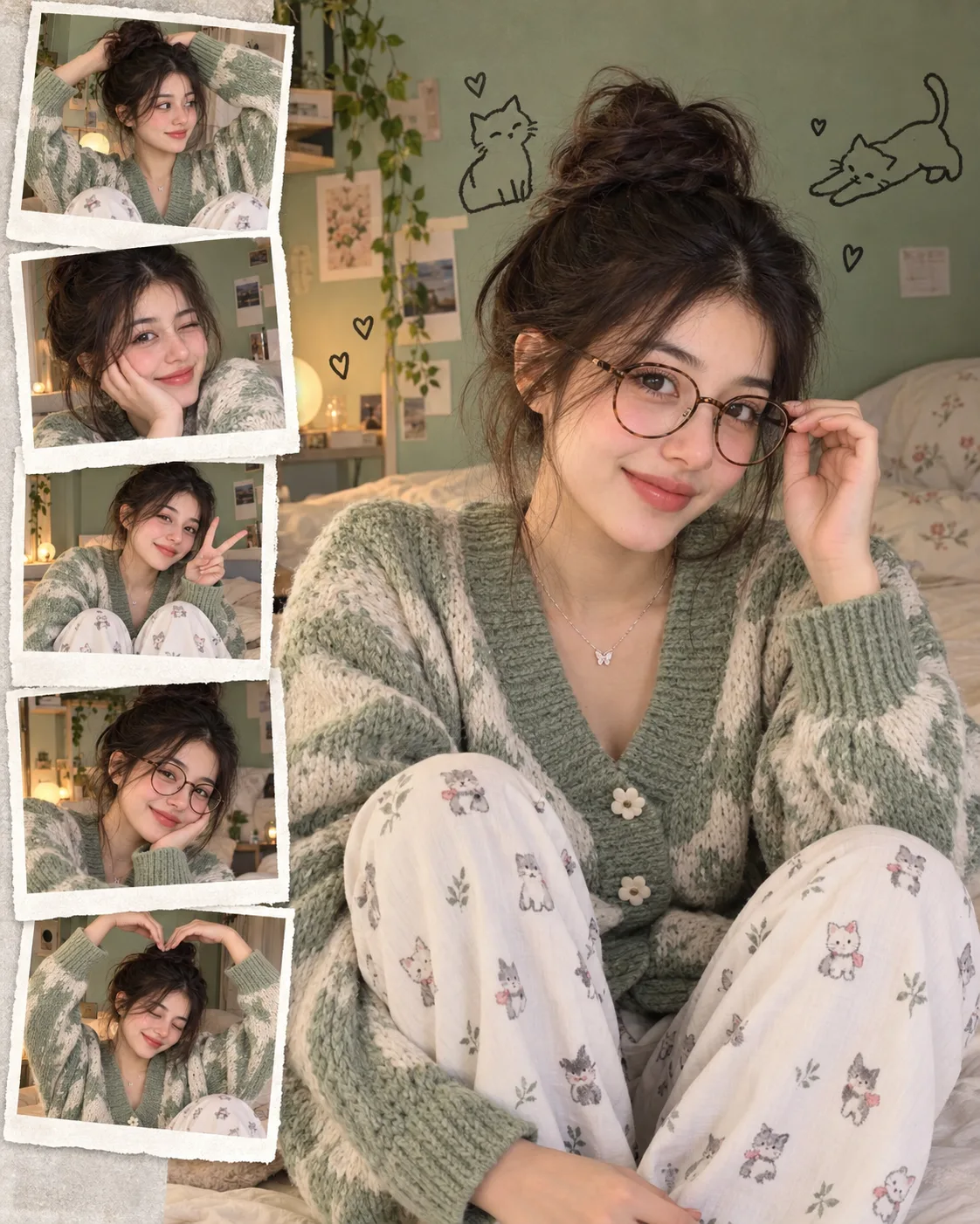 Create a cozy Korean-inspired lifestyle photo collage of a young woman sitting comfortably indoors.