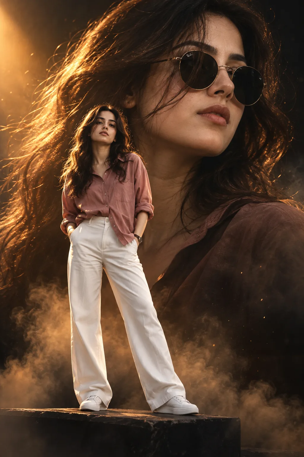 A high-fashion cinematic double-exposure portrait of a beautiful young woman with naturally wavy hair, glowing natural skin, and soft