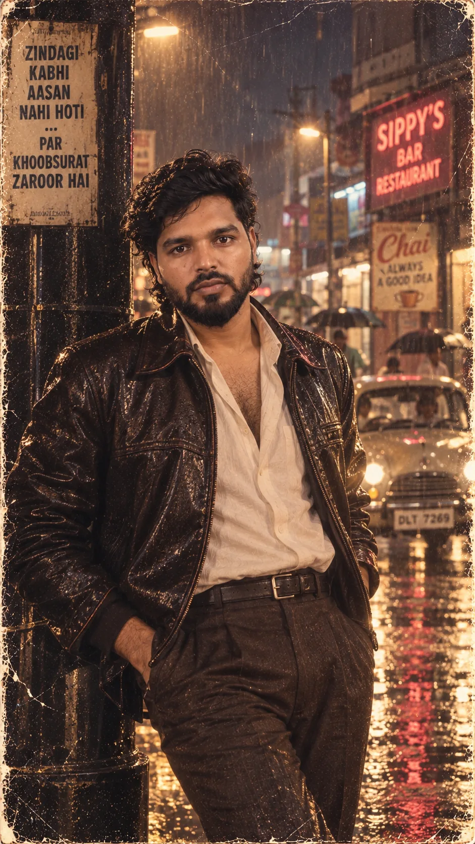 Transform my uploaded photo into a cinematic rainy-night portrait from 1980s India.
