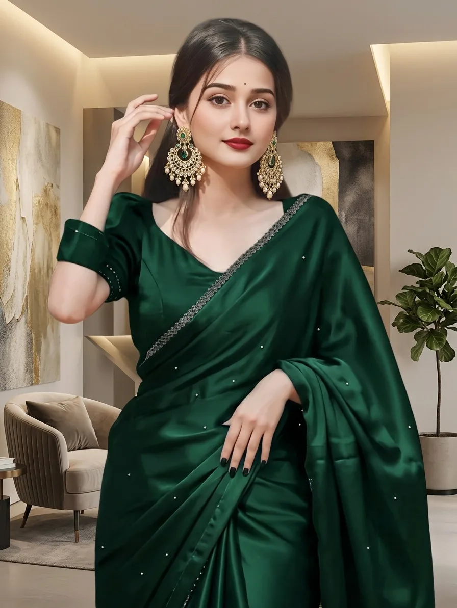 --- > A high-resolution photo of a graceful young South Asian woman, capturing her from the waist up.