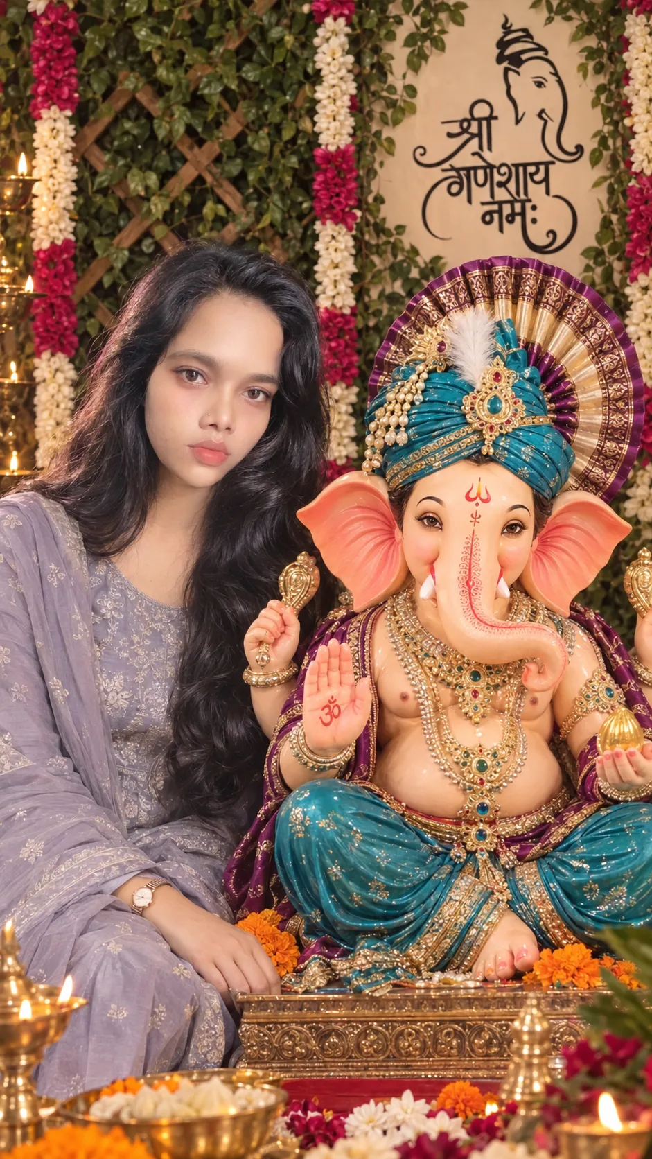 Create an ultra-realistic vertical 9:16 professional photograph of ME as a young Indian woman sitting beside a beautifully decorated Lord