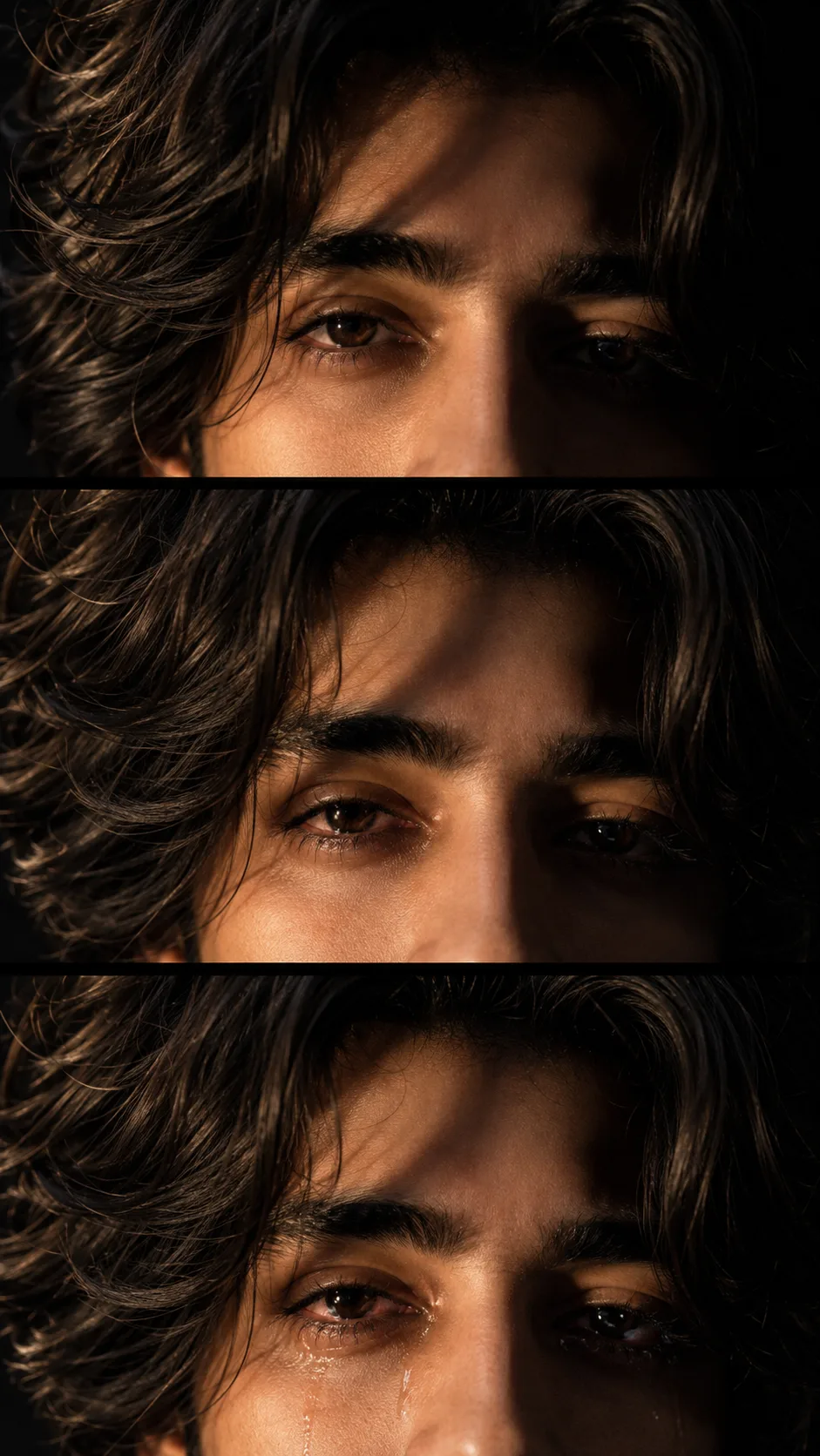 AI Image Generation Prompt: > A vertical 3-panel film strip collage showing a dramatic close-up sequence focusing tightly on the eyes and