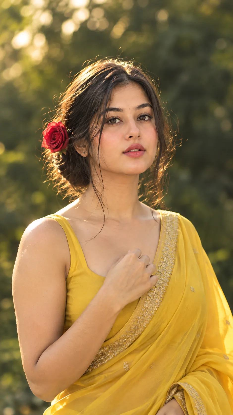 Create an ultra-realistic cinematic portrait of a completely different young South Asian woman, inspired by the overall composition and