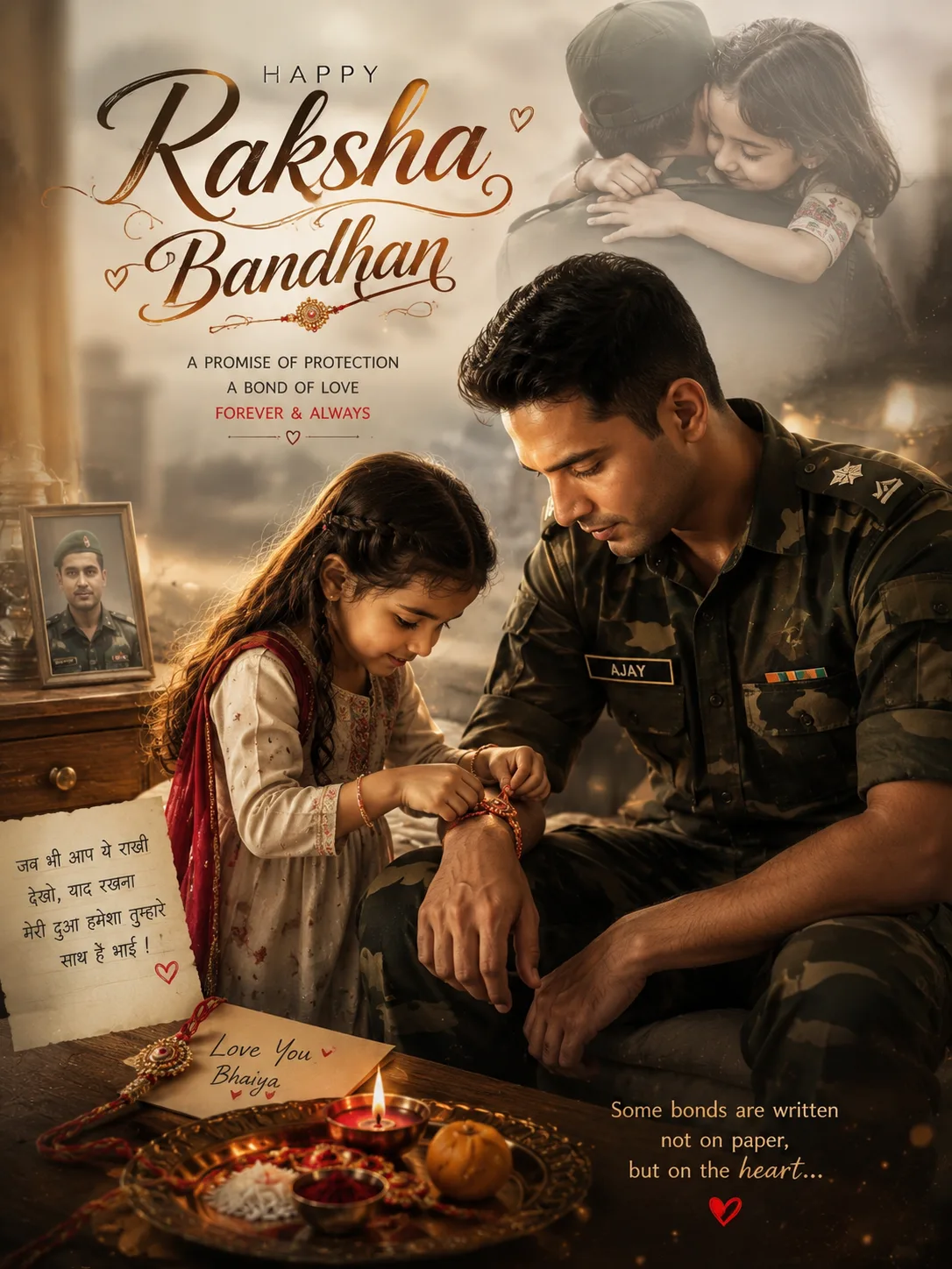 Create a premium 3:4 vertical emotional Raksha Bandhan cinematic poster with a deeply heartfelt Indian family-story aesthetic, combining