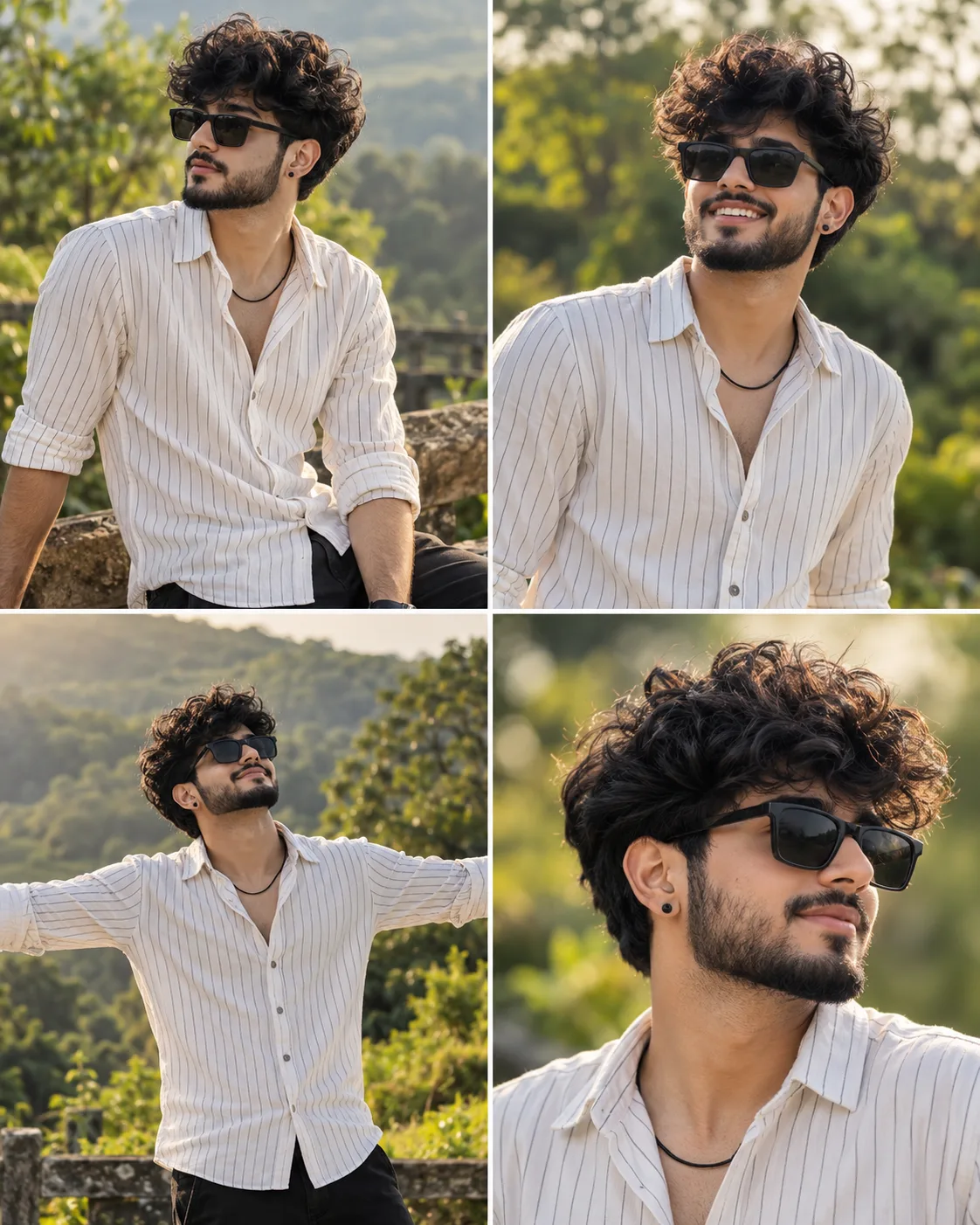 Photorealistic cinematic 4-panel vertical.fashion.collage of a stylish young South Asian man in a lush green outdoor setting.