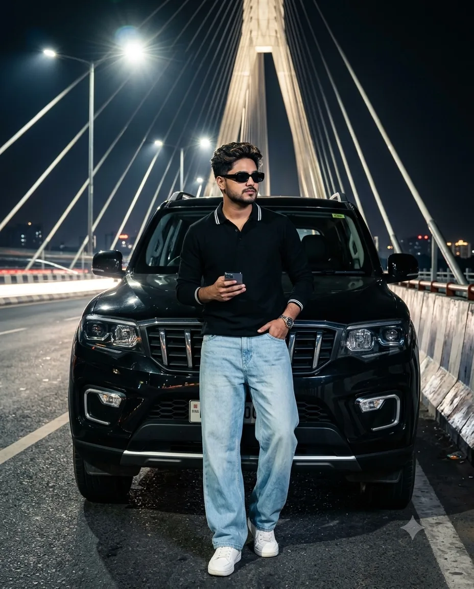 > Create an **ultra-realistic cinematic nighttime portrait** of a stylish young South Asian man standing confidently in front of a **glossy