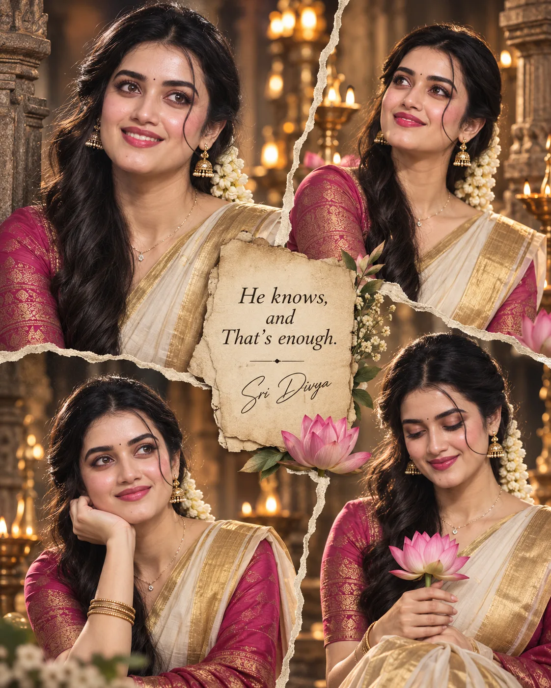 Create an ultra-premium South Indian traditional portrait collage poster in a strict 4:5 aspect ratio featuring the same elegant young