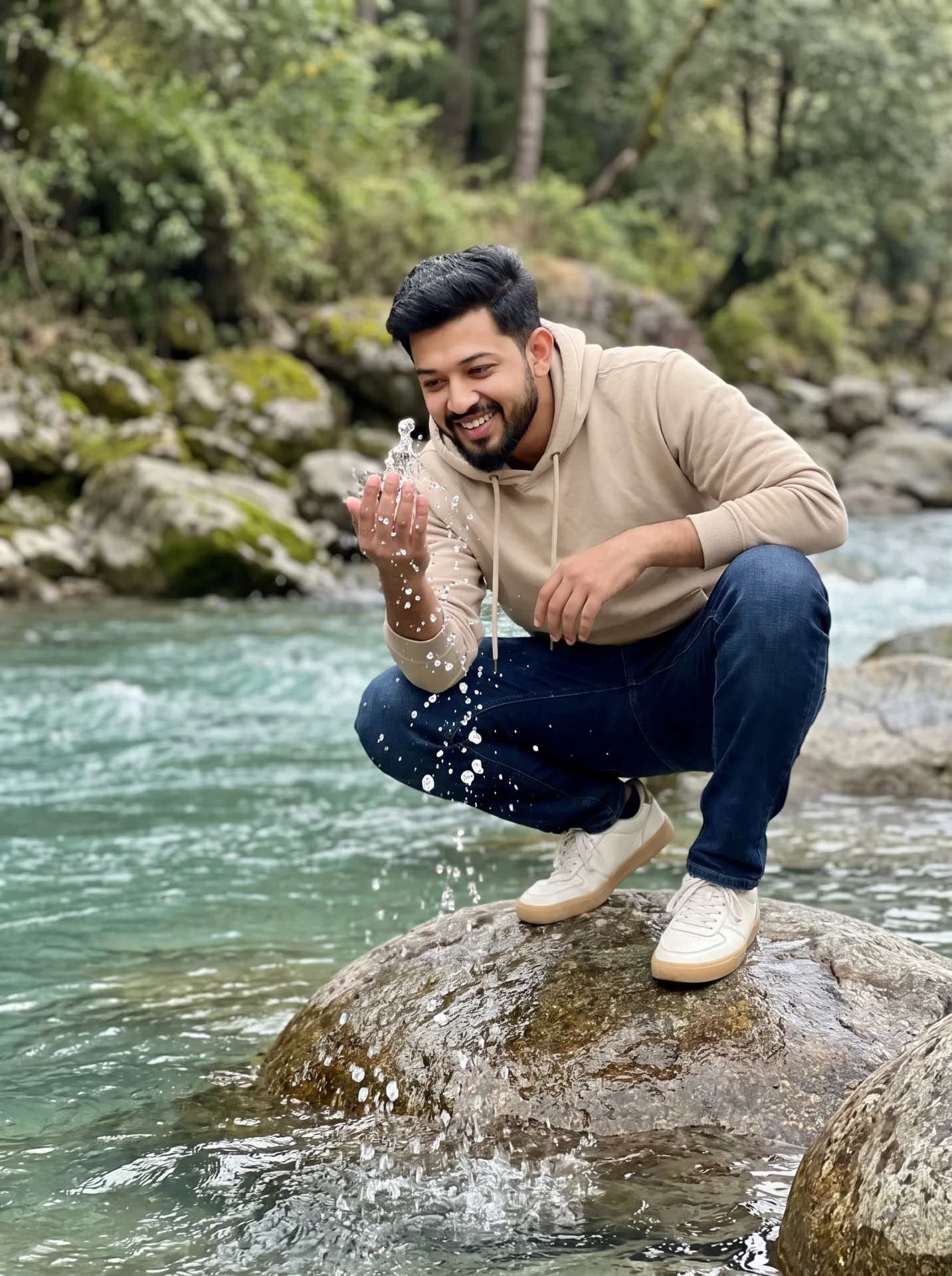 Prompt A young man crouching on a rock beside a flowing river, gently splashing water with his hand.