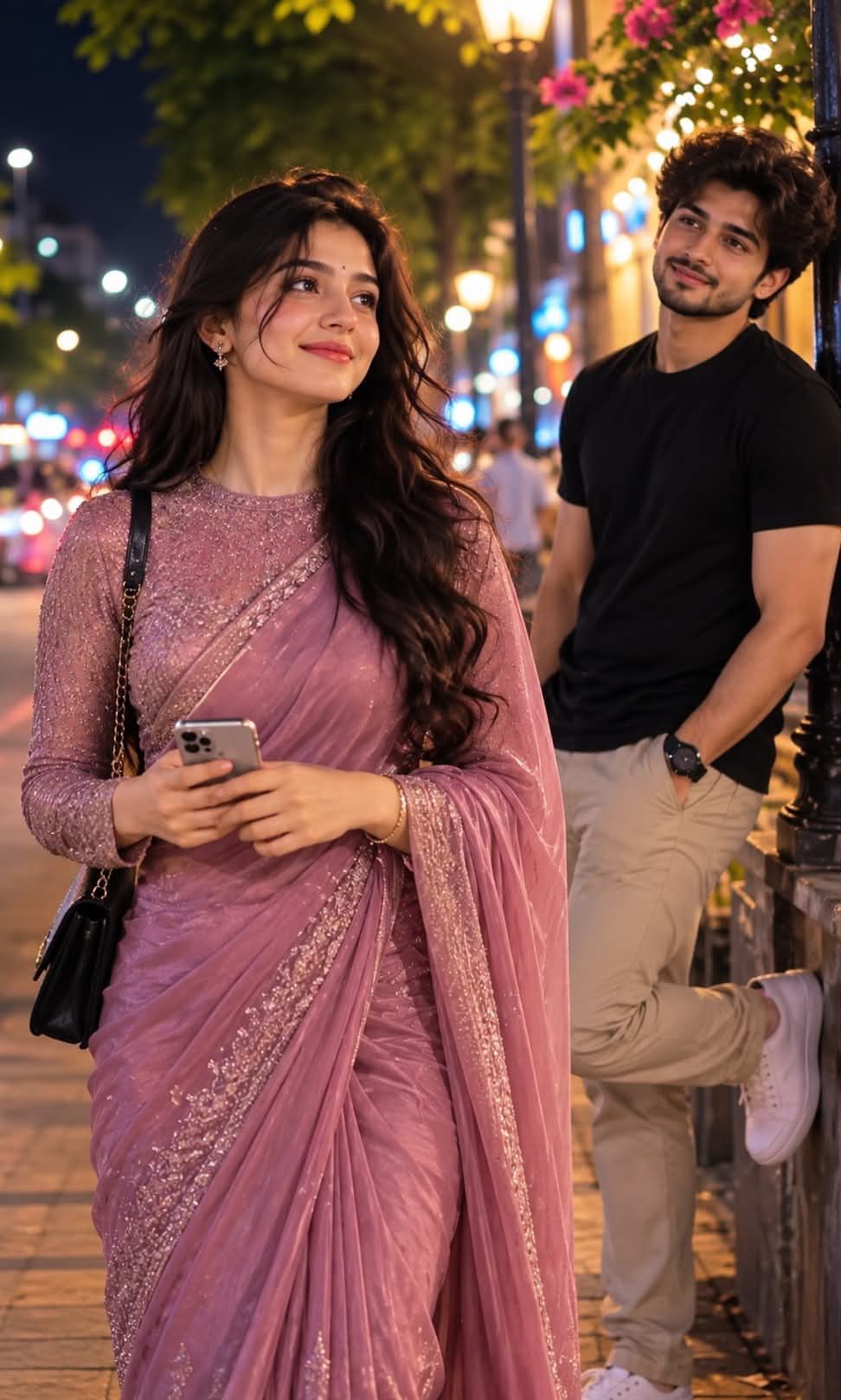 Create an ultra-realistic cinematic portrait of a completely NEW South Asian couple with two completely different facial identities.