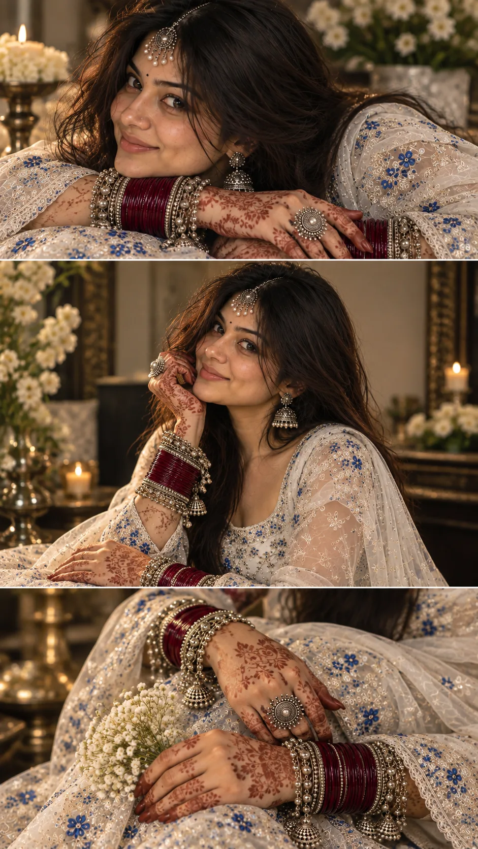 Ultra-realistic vertical 9:16 three-panel South Asian bridal collage featuring the same young woman with long dark hair, natural makeup,
