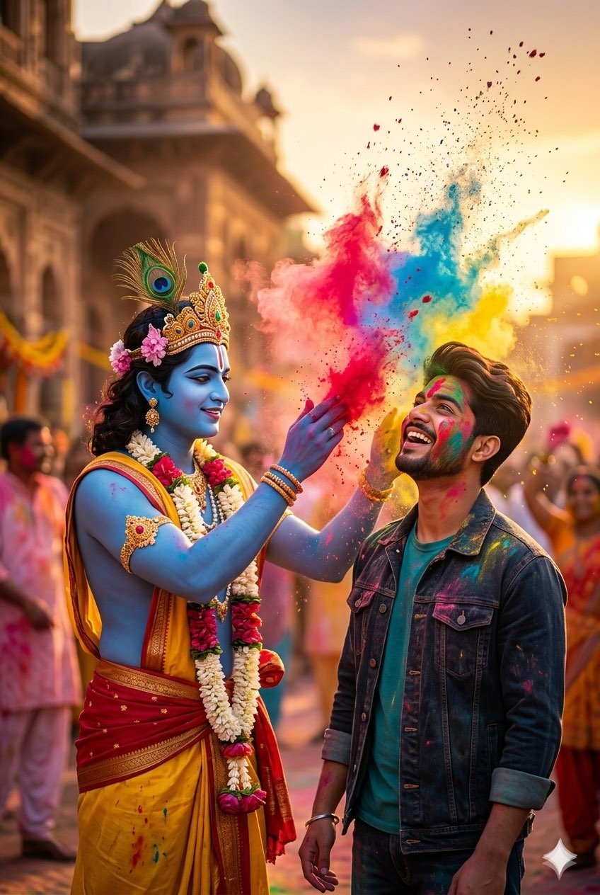 A cinematic, ultra-detailed scene of Lord Krishna playfully throwing colorful Holi powder at a young modern man.