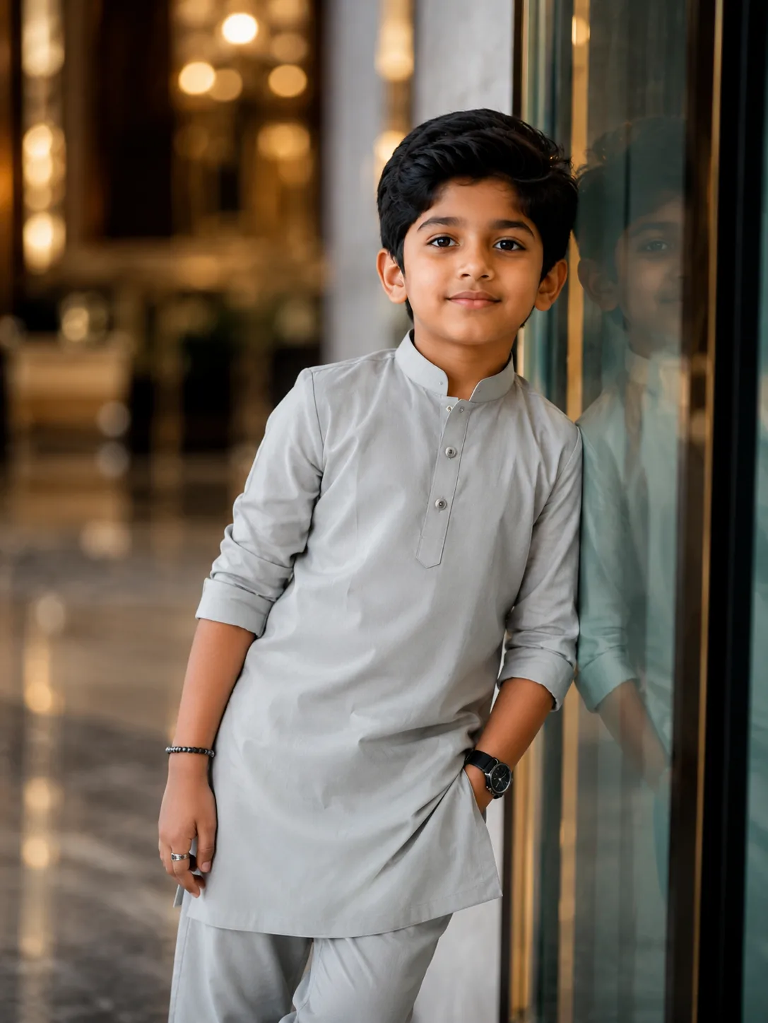 Photorealistic portrait of a stylish 5 year old boy, leaning sideways against a glass wall, head slightly tilted.
