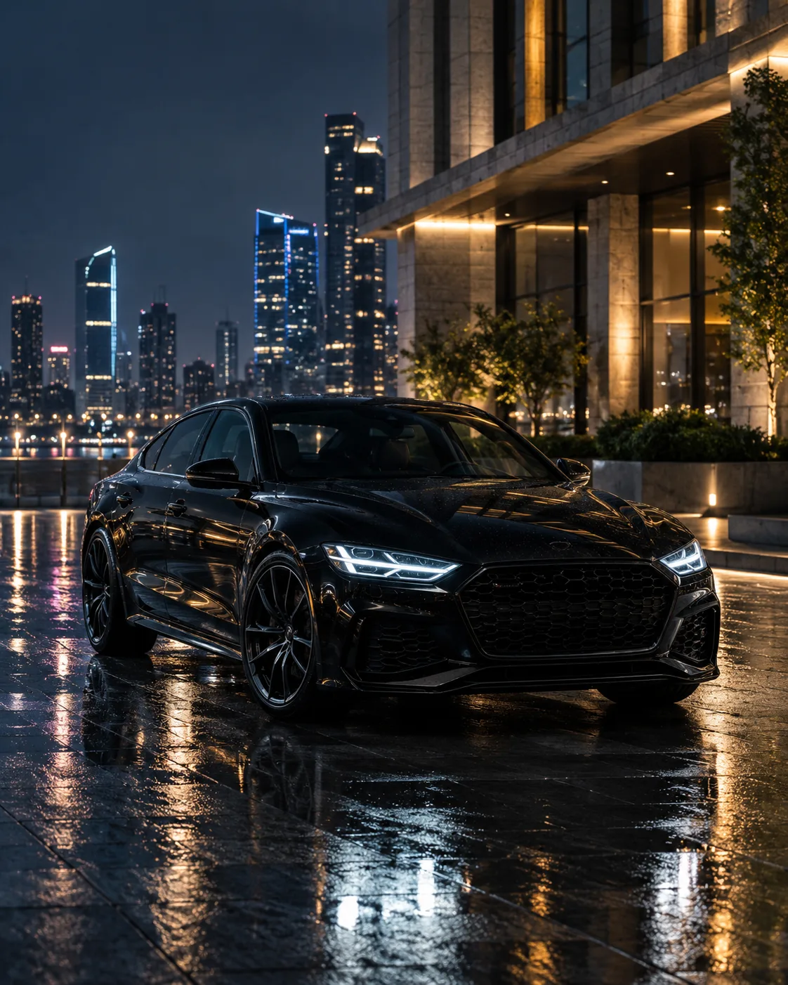 Create an ultra-realistic premium automotive advertising photograph of a sleek, unbranded glossy-black luxury sedan parked in a