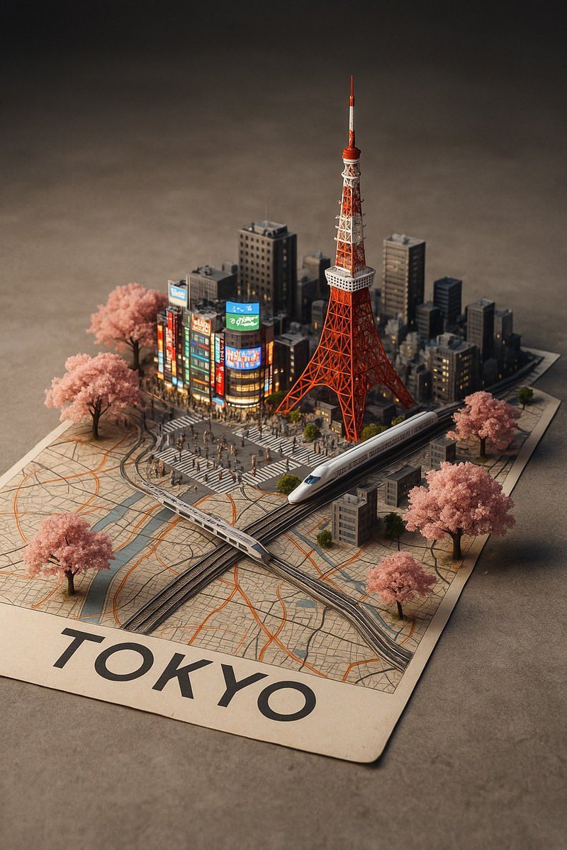 A street-style map of {CITY_NAME} placed on a {MAP_SURFACE}, with a photorealistic miniature version of {CITY_NAME} emerging from it