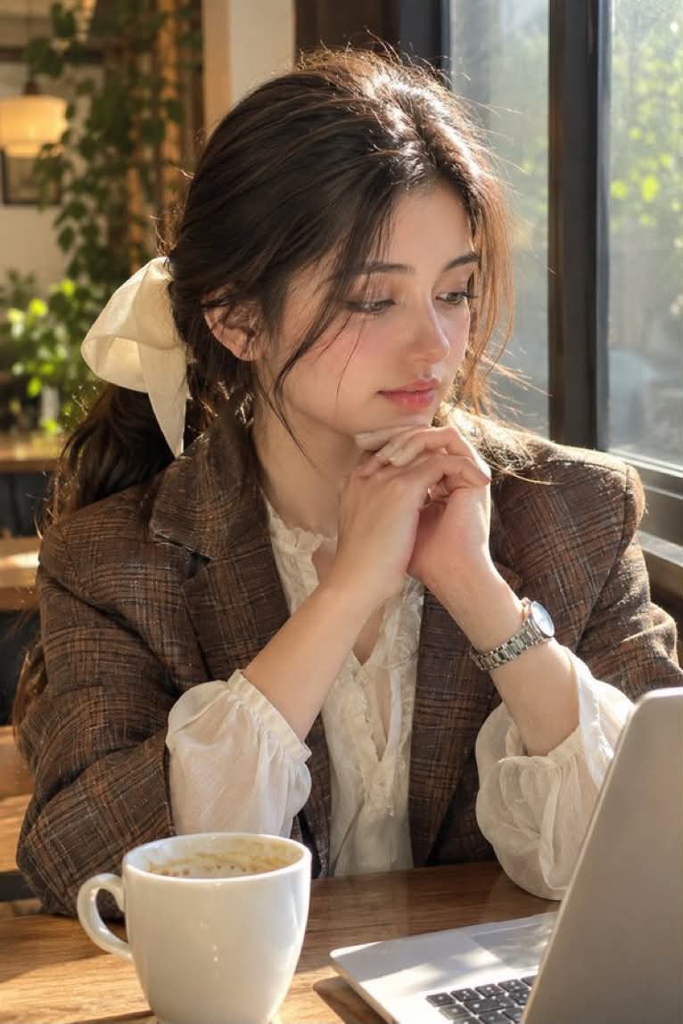 Create a natural, realistic photo of an adult woman sitting beside a large window in a cozy, sunlit room.